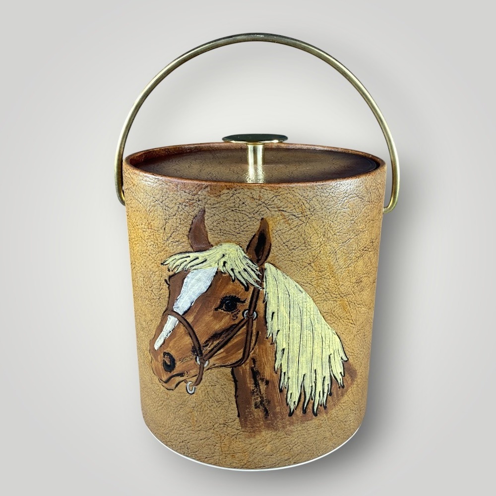 Horse Ice Bucket ThermoServ Faux Leather Barware Embossed Equestrian Western 60s